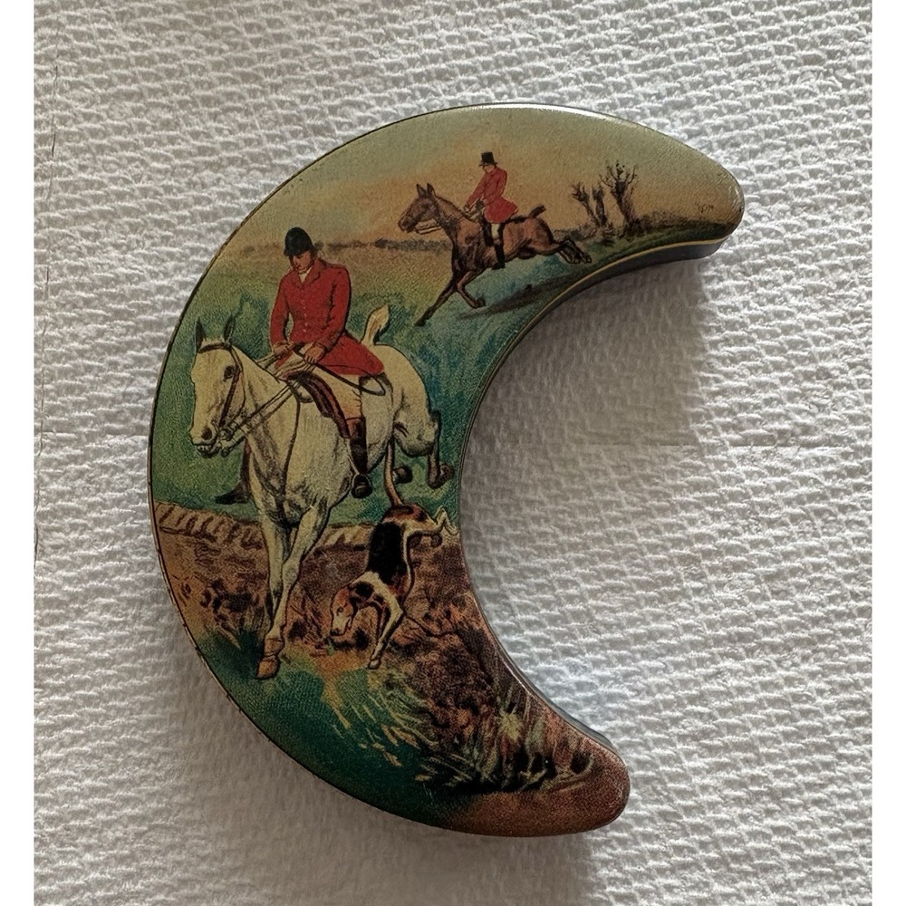 Vtg Lackerli-Huus Crescent Moon Shaped Mint Tin Equestrian Hunt Theme